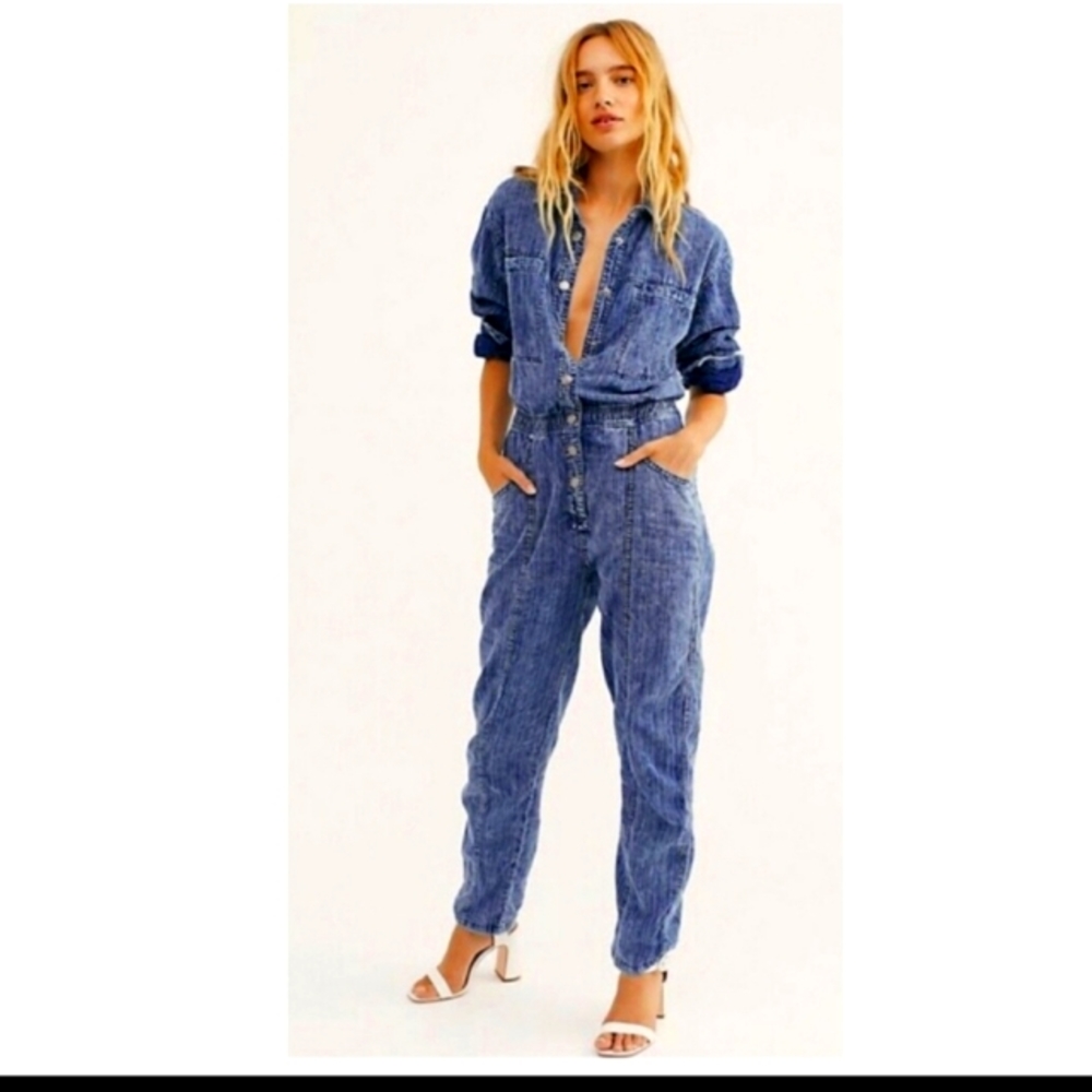 Free People Blue Denim Jumpsuit
